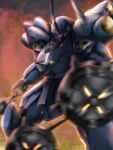  battle building cityscape explosive fire glowing glowing_eye grenade gundam gundam_0080 highres kampfer_(mobile_suit) mecha mobile_suit motion_blur no_humans one-eyed purple_eyes robot science_fiction spikes thrusters window zeon 
