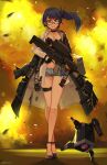  1girl absurdres assault_rifle black-framed_eyewear black_footwear black_gloves black_hair black_jacket blue_shorts bolt_action breasts bullpup cleavage collarbone collared_shirt commentary_request commission crossed_legs daewoo_k11 dinergate_(girls&#039;_frontline) dress_shirt english_commentary explosion fingerless_gloves girls&#039;_frontline glasses gloves grenade_launcher gun hair_between_eyes highres holding holding_gun holding_weapon jacket k11_(girls&#039;_frontline) looking_at_viewer medium_breasts navel ndtwofives open_clothes open_jacket open_shirt rectangular_eyewear red_eyes rifle shirt shoes short_shorts shorts side_ponytail smile solo standing watson_cross weapon white_shirt 