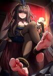  1girl absurdres anklet bare_shoulders blue_dress blunt_bangs blurry blurry_background blush breasts bridal_legwear brown_hair brown_pantyhose cleavage collarbone commission crossed_legs dress feather_hair_ornament feathers feet fire_emblem fire_emblem_awakening fire_emblem_heroes foot_focus full_body gold_trim hair_ornament hand_up headpiece highres holding indoors jewelry knee_up lamp large_breasts legs long_hair looking_at_viewer nail_polish namukot no_shoes official_alternate_costume pantyhose parted_lips pixiv_commission purple_nails sitting soles solo spread_toes stirrup_legwear tharja_(fire_emblem) tharja_(plegian)_(fire_emblem) toe_ring toeless_legwear toenail_polish toenails toes twitter_username two_side_up very_long_hair 