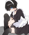  apron black_gloves black_hair black_thighhighs blue_eyes gloves highres looking_at_viewer maid maid_apron maid_headdress original puffy_short_sleeves puffy_sleeves rinlaby short_hair short_sleeves thighhighs tomboy white_background 