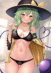  1girl bikini black_bikini black_headwear blush bow breasts cameltoe cleavage closed_mouth commentary_request cowboy_shot green_eyes green_hair hat hat_bow heart heart_of_string highres indoors komeiji_koishi large_breasts looking_at_viewer medium_hair navel open_clothes open_shirt partial_commentary reijing_etrn shirt smile solo swimsuit third_eye touhou yellow_bow yellow_shirt 