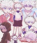  ... 1boy badge blood blood_on_face blue_eyes candy collage electricity food hexagram highres holding holding_candy holding_food holding_lollipop hood hood_up hunter_x_hunter killua_zoldyck layered_sleeves lollipop long_sleeves looking_at_viewer male_child male_focus od_stc profile shirt short_hair short_over_long_sleeves short_sleeves shorts simple_background solo speech_bubble star_of_david white_background white_hair white_shirt yo-yo 