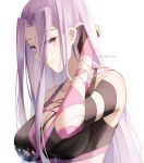  1girl black_tank_top breasts fate/grand_order fate_(series) forehead large_breasts medusa_(an_army_marches_on_its_stomach)_(fate) medusa_(fate) medusa_(rider)_(fate) official_alternate_costume portrait purple_eyes purple_hair smile solo somnia tank_top white_background 