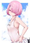  1girl absurdres bare_arms border breasts closed_mouth commentary expressionless eyelashes from_side hair_ornament hair_over_one_eye highres light_blush looking_at_viewer one-piece_swimsuit one_eye_covered pink_hair ram_(re:zero) re:zero_kara_hajimeru_isekai_seikatsu red_eyes school_swimsuit short_hair signature simple_background small_breasts solo swimsuit undressing v-neck v-shaped_eyebrows white_border white_one-piece_swimsuit x_hair_ornament yanagiba_sakana 