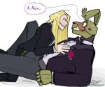  animatronic anthro black_tie_(suit) blonde_hair blush clothing clothing_bulge duo erection five_nights_at_freddy&#039;s five_nights_at_freddy&#039;s_3 green_body hair human human_on_anthro interspecies lagomorph leporid long_hair machine male male/male mammal monsterdongles rabbit robot scottgames size_difference small_dom_big_sub springtrap_(fnaf) suit 