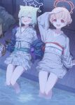  2girls absurdres animal_ears applepie_(12711019) bath_yukata blonde_hair blue_archive blush double_bun hair_bun halo highres japanese_clothes kimono light_green_hair long_sleeves multiple_girls nodoka_(blue_archive) nodoka_(hot_spring)_(blue_archive) obi official_alternate_costume onsen open_mouth pink_eyes red_eyes red_halo rock sash shigure_(blue_archive) shigure_(hot_spring)_(blue_archive) short_hair sitting smile tail tokkuri water weasel_ears weasel_tail wide_sleeves yukata 