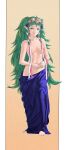  1girl aged_up barefoot blue_dress blunt_bangs braided_sidelock breasts collarbone commentary dress english_commentary eyelashes feet fire_emblem fire_emblem:_three_houses full_body gradient_background green_eyes green_hair hair_ribbon highres jewelry light_brown_background long_hair looking_at_viewer medium_breasts nipples parted_lips partially_undressed pillarboxed pink_ribbon pointy_ears pomelomelon ribbon shadow solo sothis_(fire_emblem) standing tiara toenails toes very_long_hair white_ribbon 