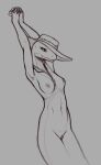  absurd_res anthro apode arms_above_head breasts clothing desert_avenger draconcopode female genitals hat headgear headwear hi_res jewelry legless monochrome naga necklace nude pussy reptile scalie serpentine sketch snake solo stretching 