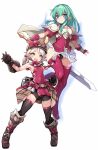  2girls :d armor armpits ass_visible_through_thighs bike_shorts black_gloves black_panties blue_eyes boots braid breasts cameltoe character_request fire_emblem fire_emblem_engage floating_hair framme_(fire_emblem) gloves green_hair grey_hair hair_between_eyes hair_ribbon hat highres karukan_(monjya) long_hair multiple_girls panties pauldrons pleated_skirt red_footwear red_shirt ribbon shirt short_sleeves shoulder_armor sideboob skirt small_breasts smile thigh_boots thighhighs underwear very_long_hair white_skirt wide_sleeves wrist_guards yellow_eyes 