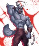  2023 abs abstract_background alexxxnttt anthro bottomwear canid canine canis clothed clothing death_(puss_in_boots) hi_res male mammal muscular open_mouth pants sickle solo standing topless wolf 