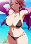  1girl beach bikini black_bikini breasts brown_eyes brown_hair cowboy_shot curvy highres large_breasts looking_at_viewer okyou open_clothes open_shirt purple_shirt shirt short_hair signature swimsuit the_king_of_fighters whip_(kof) 