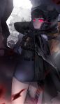  1girl axe belt black_coat black_gloves black_hair black_shirt blunt_bangs coat d_(nikke) gloves glowing glowing_eyes goddess_of_victory:_nikke grey_shorts hatchet_(axe) high-waist_shorts highres holding holding_weapon hood hood_up hooded_coat long_coat looking_at_viewer looking_back medium_hair red_eyes ruins shirt shitsu_(kurikaesi) shorts solo standing weapon 