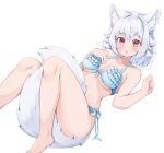  1girl animal_ear_fluff animal_ears bare_legs barefoot bikini blue_bikini blush breasts chestnut_mouth commentary_request dot_nose fang feet_out_of_frame frills hand_on_own_chest hands_up inubashiri_momiji knees_together_feet_apart looking_at_viewer lying medium_breasts medium_hair no_headwear on_back open_mouth pink_eyes rururiaru simple_background skin_fang solo swimsuit touhou white_background white_hair wolf_ears 