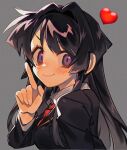  1girl black_hair black_jacket blunt_bangs closed_mouth collared_shirt commentary_request film_grain gomoku_(gomoku418) grey_background heart_emoji highres index_finger_raised jacket long_hair necktie protagonist_2_(housamo) purple_eyes red_necktie school_uniform shirt sidelocks simple_background smile solo tokyo_afterschool_summoners upper_body v-shaped_eyebrows white_shirt 