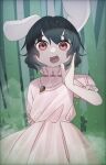  1girl :d absurdres animal_ears bamboo bamboo_forest black_hair commentary_request cowboy_shot dress fang forest frills hand_up highres inaba_tewi looking_at_viewer nasu1225 nature night open_mouth pink_dress pink_eyes rabbit_ears short_hair smile solo touhou 