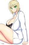  1girl black_bra blonde_hair bra breasts cleavage collarbone feet_out_of_frame green_eyes lab_coat large_breasts looking_at_viewer miniskirt short_hair signature sitting skirt someguu thick_thighs thighs to_love-ru underwear white_background 