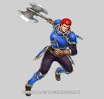  1boy armor axe blue_armor breastplate brown_gloves clenched_hand copyright_name fire_emblem fire_emblem:_mystery_of_the_emblem fire_emblem_heroes gloves holding holding_axe mixed-language_commentary official_art pauldrons red_eyes red_hair shoulder_armor vyland_(fire_emblem) yamada_koutarou 