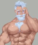  1boy abs bara bare_pectorals beard chest_hair cwazytvthings dislyte english_commentary facial_hair highres large_pectorals looking_to_the_side male_focus one_eye_closed pectorals pritzker_(mimir)_(dislyte) round_eyewear simple_background white_facial_hair white_hair 
