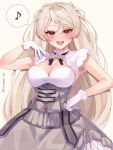  1girl armpit_cutout blush breasts brown_eyes cleavage cleavage_cutout clothing_cutout conte_di_cavour_(kancolle) conte_di_cavour_nuovo_(kancolle) corset dress frilled_dress frills gloves grey_dress grey_hair highres kantai_collection kozu_(bloomme1_me) large_breasts layered_dress long_hair open_mouth simple_background solo two-tone_dress two_side_up white_dress white_gloves 