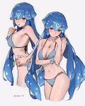  1girl bao_(vtuber) bikini blue_bikini blue_hair breasts brown_hair cleavage collage cropped_legs hand_on_own_hip highres indie_virtual_youtuber jewelry large_breasts long_hair looking_at_viewer low_twintails midriff navel necklace sidelocks sketch sooon swimsuit twintails virtual_youtuber white_background 