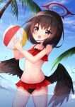  1girl :o absurdres akimiya_yamiku alternate_costume ball beachball bikini black_hair black_wings blue_archive blue_sky blurry cloud cloudy_sky coconut_tree collarbone commentary depth_of_field eyes_visible_through_hair feathered_wings frilled_bikini frills hair_between_eyes halo highres in_water looking_at_viewer mashiro_(blue_archive) navel ocean palm_tree purple_eyes red_bikini short_hair sidelocks sky solo stomach swimsuit tree wings 