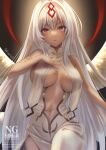 1girl angel_wings artist_name azur_lane bare_shoulders breast_curtains breasts center_opening cowboy_shot dark-skinned_female dark_skin dress feathered_wings hand_on_own_chest hand_up highres large_breasts long_hair looking_at_viewer navel parted_lips red_eyes revealing_clothes sao_martinho_(azur_lane) solo takemi_mochi twitter_username white_dress white_hair white_wings wings 