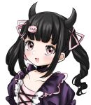  1girl :d black_hair black_hairband black_horns blunt_bangs choker commentary_request curly_hair demon_horns denonbu dress earrings fake_horns hair_ornament hair_ribbon hairband heart heart_earrings horns jewelry long_hair looking_at_viewer open_mouth pink_eyes pink_ribbon purple_choker purple_dress purple_kawaiine reml ribbon simple_background smile solo twintails upper_body white_background x_hair_ornament 