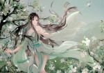  1girl absurdres artist_request baiguio_(zhu_xian) bare_legs brown_hair butterfly_hair_ornament circlet dress earrings falling_petals green_dress hair_ornament hair_ribbon highres jewelry kite long_hair necklace parted_lips petals ribbon sash second-party_source solo teeth tree upper_body zhu_xian 