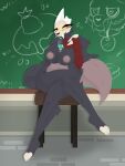  absurd_res anthro beverage bone breasts canid canid_demon canine chair chalkboard chubby_female coffee coffee_cup coffee_mug container crossed_legs crossgender cup demon detailed_background disney female fluffy fluffy_tail fur furniture grey_body grey_fur hellhound hi_res horn king_clawthorne long_tail looking_at_viewer mammal necktie nipples purple_eyes skull skull_head slightly_chubby solo tail teacher teeth the_owl_house thick_thighs titan_(the_owl_house) tsukipaw yellow_eyes 