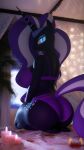  3d_(artwork) 4k 9:16 absurd_res anthro anthrofied big_breasts big_butt bra breasts butt candle clothing digital_media_(artwork) equid equine female hasbro hi_res horn idw_publishing lit_candle looking_at_viewer looking_back looking_back_at_viewer loveslove mammal my_little_pony my_little_pony_(idw) nightmare_rarity_(idw) panties pupils slit_pupils solo underwear unicorn 
