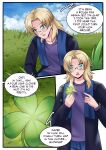  blonde_hair blue_eyes clothed clothing clover colored comic dialogue english_text eyewear field_background four_leaf_clover gender_transformation glasses grass hair hi_res human long_hair male mammal meowwithme mtf_transformation outside plant pre-transformation solo species_transformation speech_bubble text transformation 