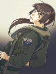  1girl ace_combat ace_combat_7 black_hair brown_eyes gradient_background hands_on_own_hips harness huxian long_hair looking_at_viewer looking_to_the_side magobohe osean_flag parted_bangs parted_lips patch pilot pilot_suit ponytail strap twitter_username 