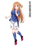  1girl asuna_(sao) blue_shirt blue_socks blush braid breasts brown_eyes brown_hair character_name closed_mouth commission french_braid full_body highres kneehighs long_hair medium_breasts red_footwear rynn_(darknescorez) second-party_source shirt shoes short_sleeves shorts simple_background smile soccer_uniform socks solo sportswear sword_art_online white_background white_shorts 