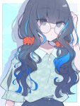  1girl aqua_hair blue_eyes blue_hair blue_pants blue_shirt blunt_bangs border buttoned_cuffs circle collarbone collared_shirt commentary curly_hair dark_blue_hair denim diamond_(shape) drop_shadow expressionless eyelashes fate/grand_order fate_(series) floral_print glasses grey-framed_eyewear hair_behind_eyewear hair_ornament hair_scrunchie halftone halftone_background hand_on_own_head hand_up highres i10_ksw light_blue_background long_hair looking_at_viewer multicolored_hair outside_border pants parted_lips print_shirt red_scrunchie round_eyewear scrunchie shirt shirt_tucked_in short_sleeves solo streaked_hair tenochtitlan_(fate) tsurime two-tone_hair wavy_hair white_border 