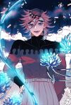  1boy :d abs belt black_hair blonde_hair dark_background demon demon_boy douma_(kimetsu_no_yaiba) fangs fingernails flower glowing grin hand_on_own_hip highres japanese_clothes kimetsu_no_yaiba long_bangs long_fingernails long_hair long_sleeves looking_at_viewer male_focus multicolored_eyes open_mouth portrait sharp_fingernails signature skin_tight smile solo spiked_hair swept_bangs text_in_eyes thick_eyebrows tight_clothes turtleneck yamada_73 