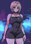  bare_shoulders black_dress blonde_hair bracelet breasts camisole choker dress hair_ornament highres jewelry large_breasts midriff mordeth muv-luv muv-luv:_dimensions muv-luv_alternative muv-luv_unlimited:_the_day_after necklace purple_eyes stomach thick_thighs thighs 