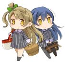  2girls bag blue_hair bow brown_hair chibi closed_mouth full_body hair_bow long_hair looking_at_viewer love_live! love_live!_school_idol_project minami_kotori mota multiple_girls one_side_up simple_background skirt smile sonoda_umi white_background yellow_eyes 