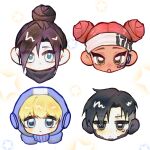  1boy 3girls :&lt; :o animification apex_legends black_eyes black_hair black_sclera blue_eyes blue_headwear brown_eyes chibi chinese_commentary colored_sclera crypto_(apex_legends) dark-skinned_female dark_skin double_bun expressionless frown hair_behind_ear hair_bun head_only highres laucou lifeline_(apex_legends) looking_at_viewer multiple_girls single_hair_bun star_(symbol) wattson_(apex_legends) white_background wraith_(apex_legends) 