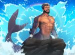  abs artist_name bara beard blue_background blue_eyes blue_sky brown_hair character_request copyright_request derivative_work facial_hair fins fish_tail halo highres jewelry looking_to_the_side merman monster_boy muscular muscular_male navel necklace open_mouth outdoors pectorals pointy_ears sai_(serialmilq) short_hair sky smile splashing tail water 