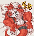 anthro balls bandai_namco big_balls big_penis bodily_fluids claws digimon digimon_(species) erection eyes_closed feet genital_fluids genitals guilmon head_on_pillow hi_res humanoid_genitalia humanoid_penis lying male on_back penis precum red_body red_scales reptile scales scalie sleeping solo toe_claws tongue tongue_out zi_ran 