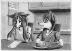  anthro brother_(lore) brother_and_sister_(lore) cake calendar canid canine dessert duo exam female food fox fur hi_res inside kitchen male male/female mammal monochrome red_fox rhazzazor sibling_(lore) sister_(lore) syntech teenager white_body white_fur worried young 