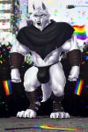  2023 anthro big_bulge bulge canid canine canis clothing death_(puss_in_boots) dream_and_nightmare english_text fur grey_body grey_fur hi_res looking_at_viewer male mammal multicolored_body multicolored_fur pride_color_flag puss_in_boots_the_last_wish solo text thong underwear white_body white_fur wolf 