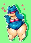  2019 3_toes 5_fingers anthro bikini blue_body blue_fur blush breasts chubby_anthro chubby_female claws cleavage clothed clothing countershade_face countershade_legs countershading cute_fangs eyelashes eyes_closed feet female fingers full-length_portrait fur generation_4_pokemon glistening glistening_body hand_on_cheek mammal munchlax navel nintendo open_mouth open_smile pokemon pokemon_(species) portrait robirobi smile solo standing swimwear thick_thighs toe_claws toes tongue wide_hips 