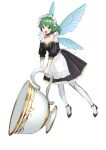  1girl :d apron black_dress black_footwear breasts cleavage commentary cup dress fairy fairy_wings full_body green_eyes green_hair high_heels highres holding holding_cup looking_at_viewer maid maid_headdress minigirl open_mouth original pointy_ears simple_background smile solo tatsuyo white_apron white_background wings 