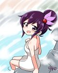  1girl absurdres alternate_hairstyle artist_logo bare_shoulders hair_bun hair_ornament highres kantai_collection kinoshita_tsubomi kisaragi_(kancolle) long_hair looking_at_viewer naked_towel onsen purple_eyes purple_hair rock sitting smile soaking_feet solo steam towel water 