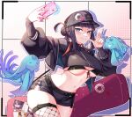  1girl absurdres badge baseball_cap bikini bikini_under_clothes black_bikini black_jacket black_shirt blue_eyes blush breasts button_badge camouflage camouflage_headwear cellphone cleavage cropped_shirt fate/grand_order fate_(series) fishnet_thighhighs fishnets hair_ornament hat highres instrument_case jacket large_breasts leaf_hair_ornament long_hair long_sleeves mentaikopan open_clothes open_jacket phone purple_hair selfie shirt sidelocks smile swimsuit thighhighs thighs yang_guifei_(event_portrait)_(fate) yang_guifei_(fate) 