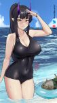  1girl animal bare_arms bare_shoulders black_hair black_one-piece_swimsuit blue_sky breasts character_request cleavage cloud commentary copyright_request damobelmont day highres horns innertube large_breasts long_hair looking_at_viewer ocean one-piece_swimsuit pink_lips pointy_ears sky smile solo swimsuit thighs very_long_hair wading water yellow_eyes 