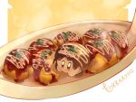  blush brown_eyes closed_mouth commentary_request copy_ability eating food food_focus food_on_face full_body highres kirby kirby_(series) no_humans plate steam takoyaki tokkakyou twitter_username 