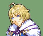  1girl ahoge blonde_hair blue_eyes blue_shirt commentary fire_emblem fire_emblem_engage fur_trim glaceo green_background lowres merrin_(fire_emblem) pixel_art shirt short_hair simple_background solo upper_body 