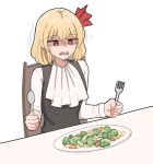  1girl black_vest blonde_hair broccoli chair food fork hair_between_eyes hair_ribbon highres holding holding_fork holding_spoon long_sleeves mata_(matasoup) open_mouth plate red_eyes red_ribbon ribbon rumia shaded_face sharp_teeth shirt short_hair simple_background sitting solo spoon teeth touhou vegetable vest white_background white_shirt 